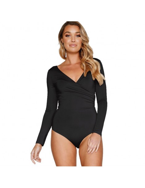 Bodysuits Autumn Women Long Sleeve V-neck Sexy Jumpsuit Surplice Ruched Plunge Bodysuit Jumpsuits - Black - 4X3014963780-1 $9.69