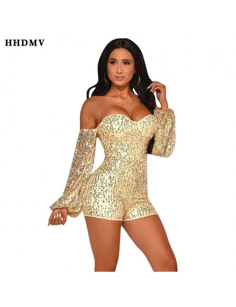 Rompers summer sexy club style jumpsuits long sleeve card shoulder sequins decoration tight 2 color jumpsuits short pants - G...