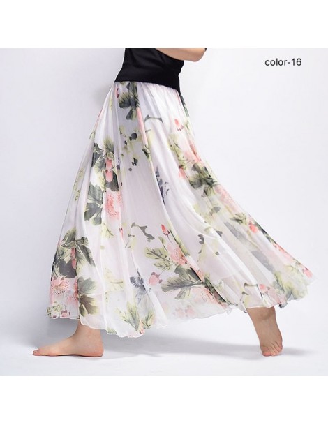 Skirts New Fashion 2018 Women's BOHO Elegant Florals Print Chiffon Long Skirt Ladies Slim High-Waist Elastic Waist Pleated Sk...