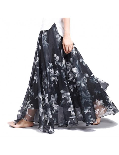 Skirts New Fashion 2018 Women's BOHO Elegant Florals Print Chiffon Long Skirt Ladies Slim High-Waist Elastic Waist Pleated Sk...