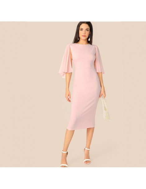 Dresses Pink Elegant Cloak Sleeve Bodycon Dress Women Solid Classy High Waist Party Dress 2019 Slim Stretchy Summer Dress - P...