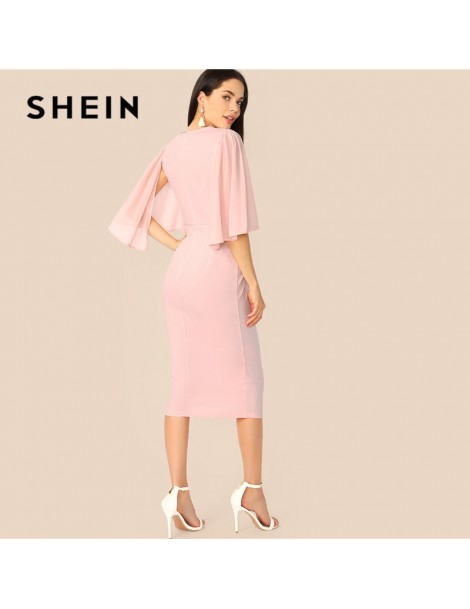 Dresses Pink Elegant Cloak Sleeve Bodycon Dress Women Solid Classy High Waist Party Dress 2019 Slim Stretchy Summer Dress - P...