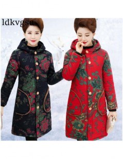 Parkas 6XL 2019 Middle-aged Winter Women Prints Cotton Jacket Plus velvet Warm Grandmother Outerwear Plus size Loose Hooded C...