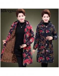 Parkas 6XL 2019 Middle-aged Winter Women Prints Cotton Jacket Plus velvet Warm Grandmother Outerwear Plus size Loose Hooded C...