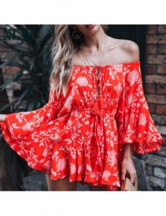 Rompers Print Bohemian Feminino Off Shoulder Playsuit Lace Up Sexy Beach Rompers Women Red Flare Sleeve Short Jumpsuits Rompe...