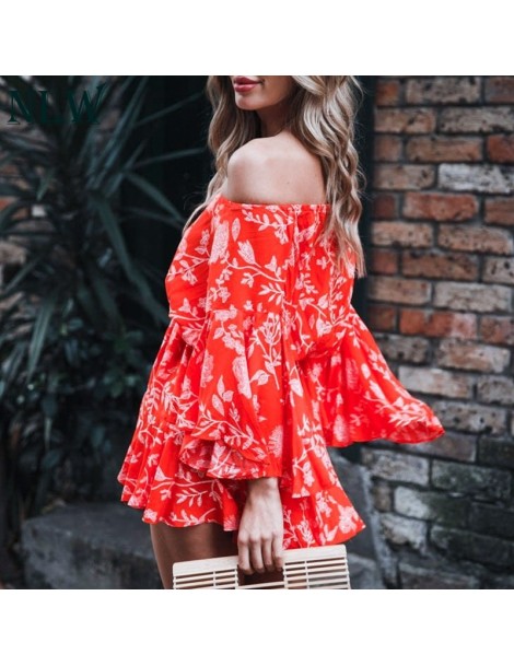 Rompers Print Bohemian Feminino Off Shoulder Playsuit Lace Up Sexy Beach Rompers Women Red Flare Sleeve Short Jumpsuits Rompe...