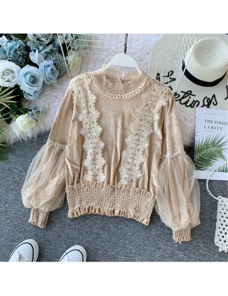 Blouses & Shirts 2019 Autumn Lace Velvet blouse shirt Lantern Sleeve elegant winter pullover mesh shirts tops - Green - 4D417...