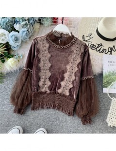 Blouses & Shirts 2019 Autumn Lace Velvet blouse shirt Lantern Sleeve elegant winter pullover mesh shirts tops - Green - 4D417...