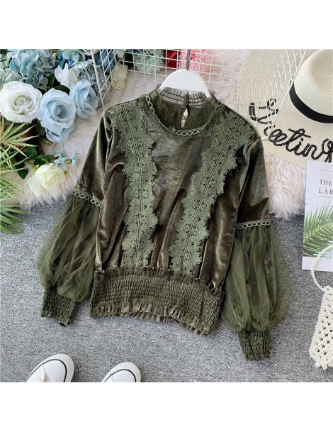 Blouses & Shirts 2019 Autumn Lace Velvet blouse shirt Lantern Sleeve elegant winter pullover mesh shirts tops - Green - 4D417...