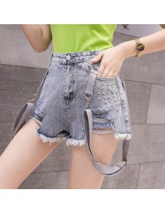 Jeans Shoulder Buckle Adjusted Suspender Strap Ripped Hollow Beading Rivet Hole Hip Hop Punk Women Fashion Short Denim Pant P...