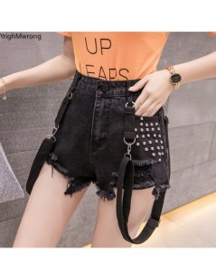 Jeans Shoulder Buckle Adjusted Suspender Strap Ripped Hollow Beading Rivet Hole Hip Hop Punk Women Fashion Short Denim Pant P...