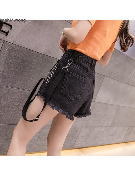 Jeans Shoulder Buckle Adjusted Suspender Strap Ripped Hollow Beading Rivet Hole Hip Hop Punk Women Fashion Short Denim Pant P...