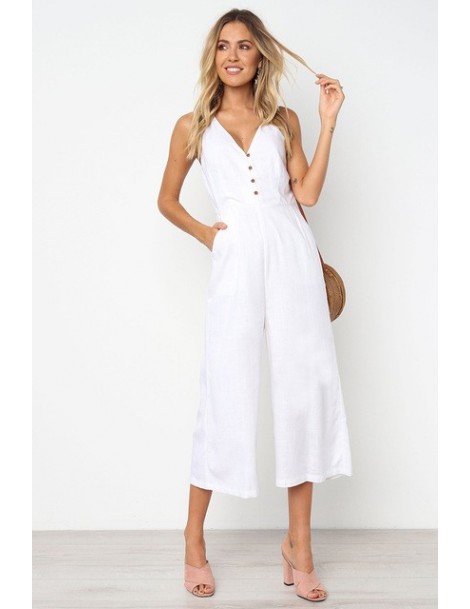 Jumpsuits Women Cotton Jumpsuits solid summer sleeveless wide leg rompers v neck backless office overalls casual loose long p...