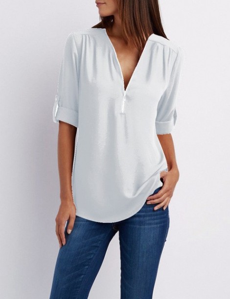 Blouses & Shirts Summer Women Cool Loose Shirt Deep V Neck Chiffon Blouse Casual Ladies Tops Sexy Zipper Pullover Plus Size L...