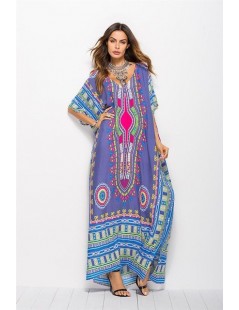 Dresses 2019 Summer New Arrival Boho Printed Beach Dress Women V-neck Short-sleeved Hem Split Loose Robe Dress - Blue - 4U413...