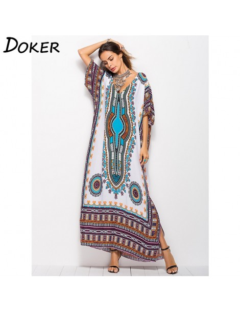 Dresses 2019 Summer New Arrival Boho Printed Beach Dress Women V-neck Short-sleeved Hem Split Loose Robe Dress - Blue - 4U413...