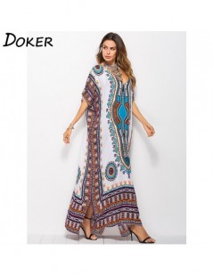 Dresses 2019 Summer New Arrival Boho Printed Beach Dress Women V-neck Short-sleeved Hem Split Loose Robe Dress - Blue - 4U413...