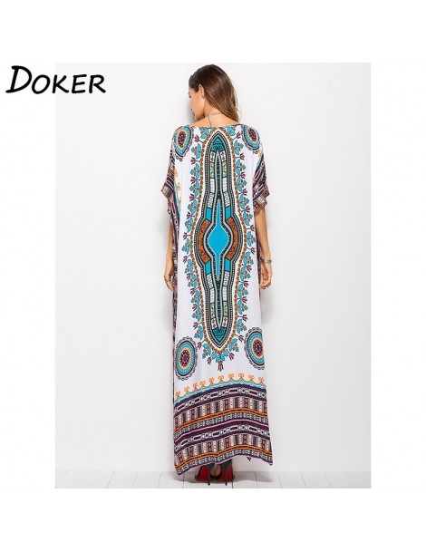 Dresses 2019 Summer New Arrival Boho Printed Beach Dress Women V-neck Short-sleeved Hem Split Loose Robe Dress - Blue - 4U413...