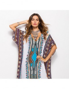 Dresses 2019 Summer New Arrival Boho Printed Beach Dress Women V-neck Short-sleeved Hem Split Loose Robe Dress - Blue - 4U413...