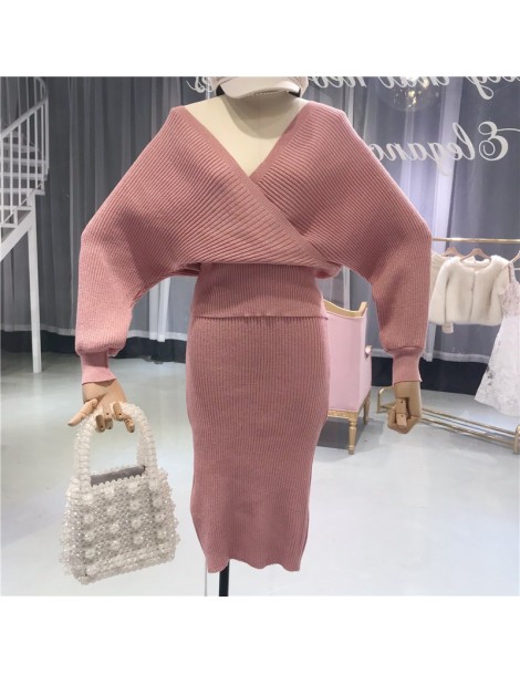 Women's Sets Women V Neck Batwing Sleeve Soild Shining Knitting Jumper Tops+Skirts 2 Pieces Clothing Sets Suits - beige - 473...