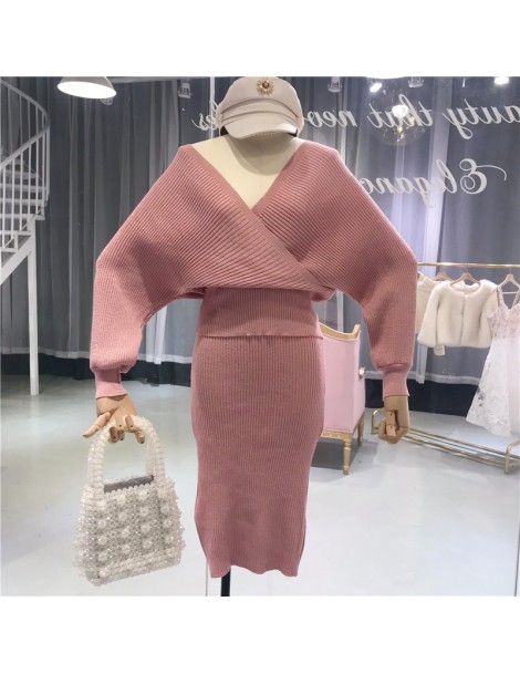 Women's Sets Women V Neck Batwing Sleeve Soild Shining Knitting Jumper Tops+Skirts 2 Pieces Clothing Sets Suits - beige - 473...