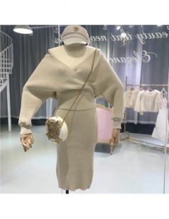 Women's Sets Women V Neck Batwing Sleeve Soild Shining Knitting Jumper Tops+Skirts 2 Pieces Clothing Sets Suits - beige - 473...