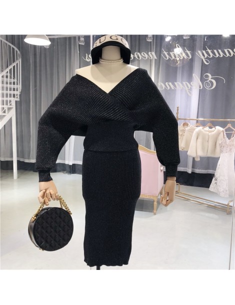 Women's Sets Women V Neck Batwing Sleeve Soild Shining Knitting Jumper Tops+Skirts 2 Pieces Clothing Sets Suits - beige - 473...