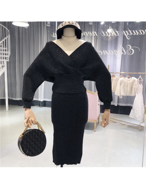 Women's Sets Women V Neck Batwing Sleeve Soild Shining Knitting Jumper Tops+Skirts 2 Pieces Clothing Sets Suits - beige - 473...