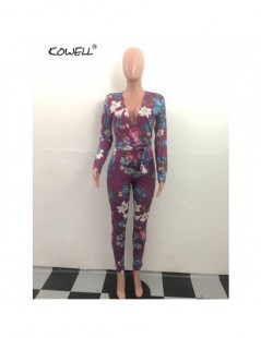 Jumpsuits 2018 New Sexy Women Autumn Purple Jumpsuits Deep V Neck Floral Print Long Sleeve Party Romper Playsuit Skinny Jumps...