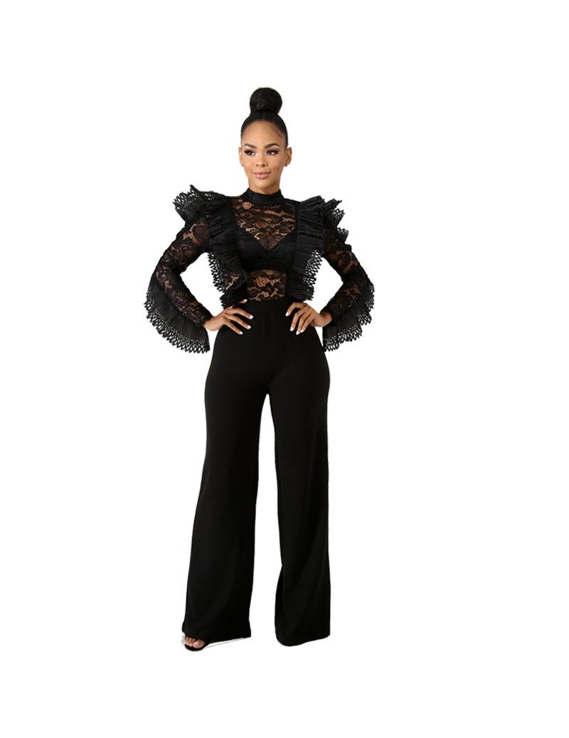 Black Lace Jumpsuit Women Sexy Sheer Ruffle Long Sleeve Bodysuit Elegant Evening Jumpsuit Formal