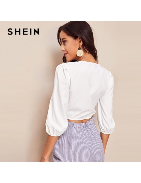 Blouses & Shirts Boho Sexy White Knotted Front Solid Crop Plain Blouse Women 2019 Summer Three Quarter Length SleeveDeep V Ne...