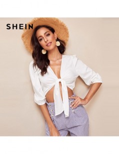 Blouses & Shirts Boho Sexy White Knotted Front Solid Crop Plain Blouse Women 2019 Summer Three Quarter Length SleeveDeep V Ne...