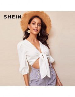 Blouses & Shirts Boho Sexy White Knotted Front Solid Crop Plain Blouse Women 2019 Summer Three Quarter Length SleeveDeep V Ne...