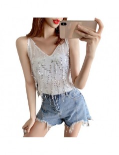 Tank Tops Women Sleeveless Strap Tank Tops Sexy Glitter Sequined Tassel Vest Camis Summer See Through Tee Shirt Top Camisole ...