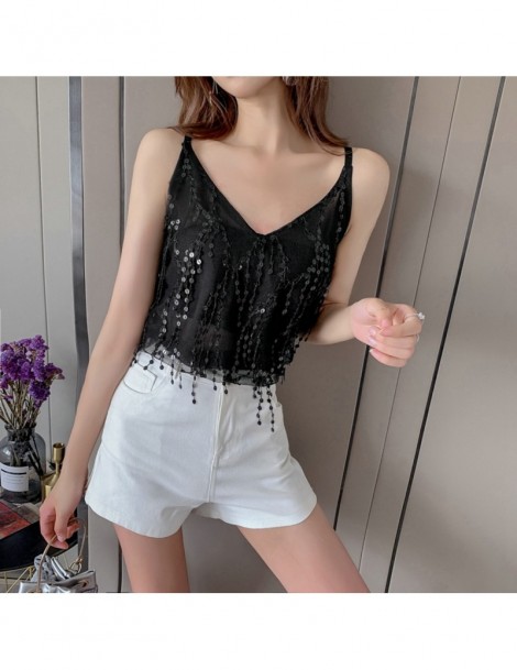 Tank Tops Women Sleeveless Strap Tank Tops Sexy Glitter Sequined Tassel Vest Camis Summer See Through Tee Shirt Top Camisole ...