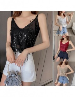 Tank Tops Women Sleeveless Strap Tank Tops Sexy Glitter Sequined Tassel Vest Camis Summer See Through Tee Shirt Top Camisole ...