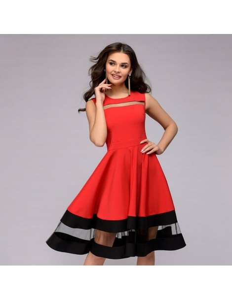 Dresses 2019 Women elegant knee-length dress sexy mesh patchwork O-neck A-line Vestidos women summer Sleeveless party dress -...