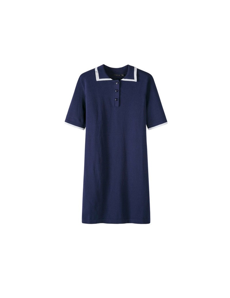 Dresses Women Short-Sleeved Polo Shirt Dress with Contrasting Detail Women's Short Sleeved Straight-Cut Knee-Length Dresses L...