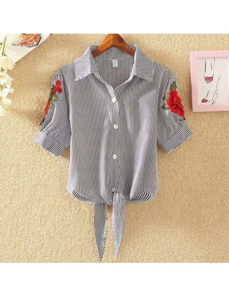 Blouses & Shirts Women Embroidery Blouse Shirts 2019 Cotton Short Sleeve Summer Autumn Shirts Stripe harajuku Ladies Embroide...