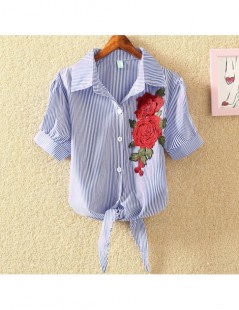 Blouses & Shirts Women Embroidery Blouse Shirts 2019 Cotton Short Sleeve Summer Autumn Shirts Stripe harajuku Ladies Embroide...