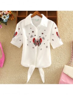 Blouses & Shirts Women Embroidery Blouse Shirts 2019 Cotton Short Sleeve Summer Autumn Shirts Stripe harajuku Ladies Embroide...