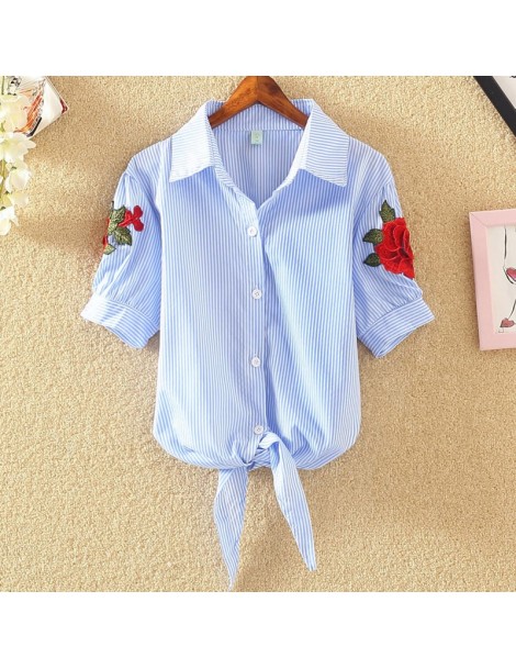 Blouses & Shirts Women Embroidery Blouse Shirts 2019 Cotton Short Sleeve Summer Autumn Shirts Stripe harajuku Ladies Embroide...