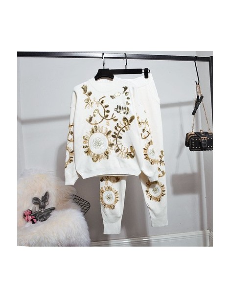 Women's Sets Autumn Women Set Embroidery Sweater Knitted Pencil Pants Two Piece Outfits Female Casual White Pullover Tops Kni...