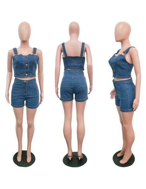 Women's Sets Sexy Denim Two Piece Set Women Spaghetti Strap Botton Tops + Jeans Shorts Female Summer Fashion Denim Tracksuit ...