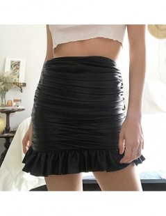 Skirts PU Leather Women Skirt Black Ruffle Mini Skirts 2019 Summer Sexy Slim Ruched Pencil Skirt Ladies Party Club Streetwear...