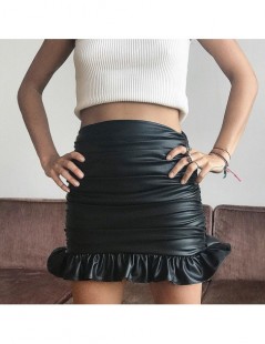 Skirts PU Leather Women Skirt Black Ruffle Mini Skirts 2019 Summer Sexy Slim Ruched Pencil Skirt Ladies Party Club Streetwear...