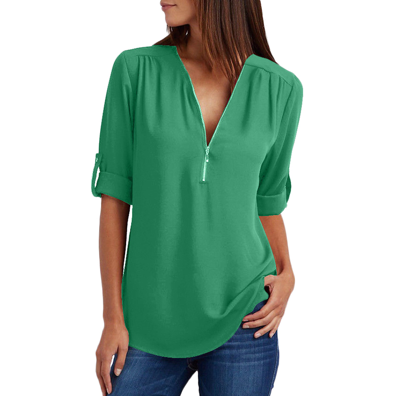 3XL 4XL 5XL Plus Size Womens Tops and Chiffon Blouses V-neck Roll Up ...