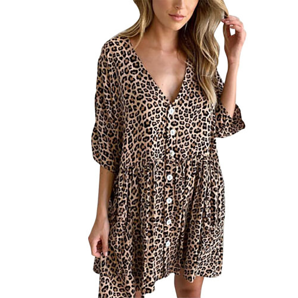 2019 Summer Women Leopard Printed Dress Loose Casual Ladies Short Dress ...