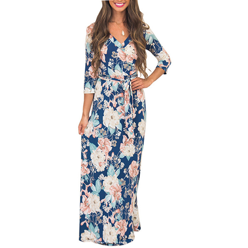 Women Maxi Long Dresses Summer Floral Print Beach Dress Elegant Bandage ...