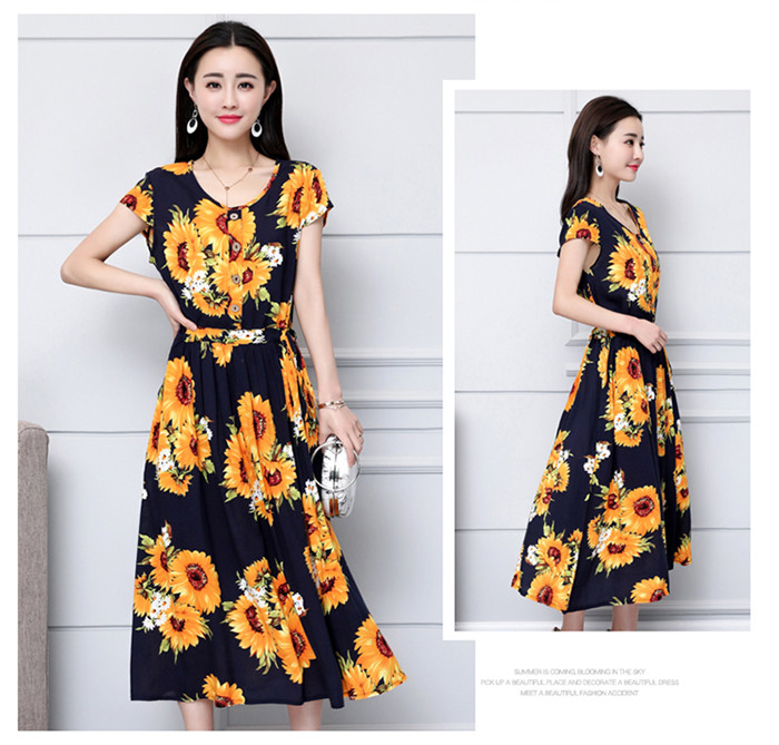 Plus Size 2019 Summer New Short-sleeved Print Vintage Dress Loose Long ...